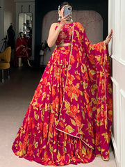 Beautiful Pink Floral Printed Georgette Bridesmaid Lehenga Choli