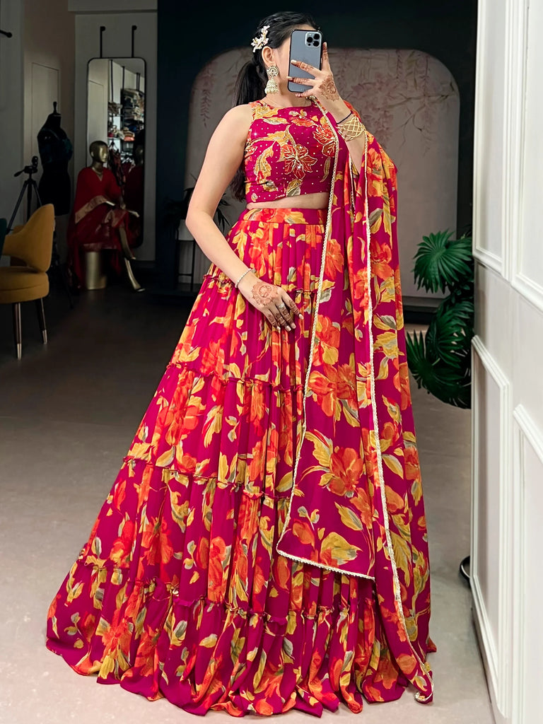 Beautiful Pink Floral Printed Georgette Bridesmaid Lehenga Choli