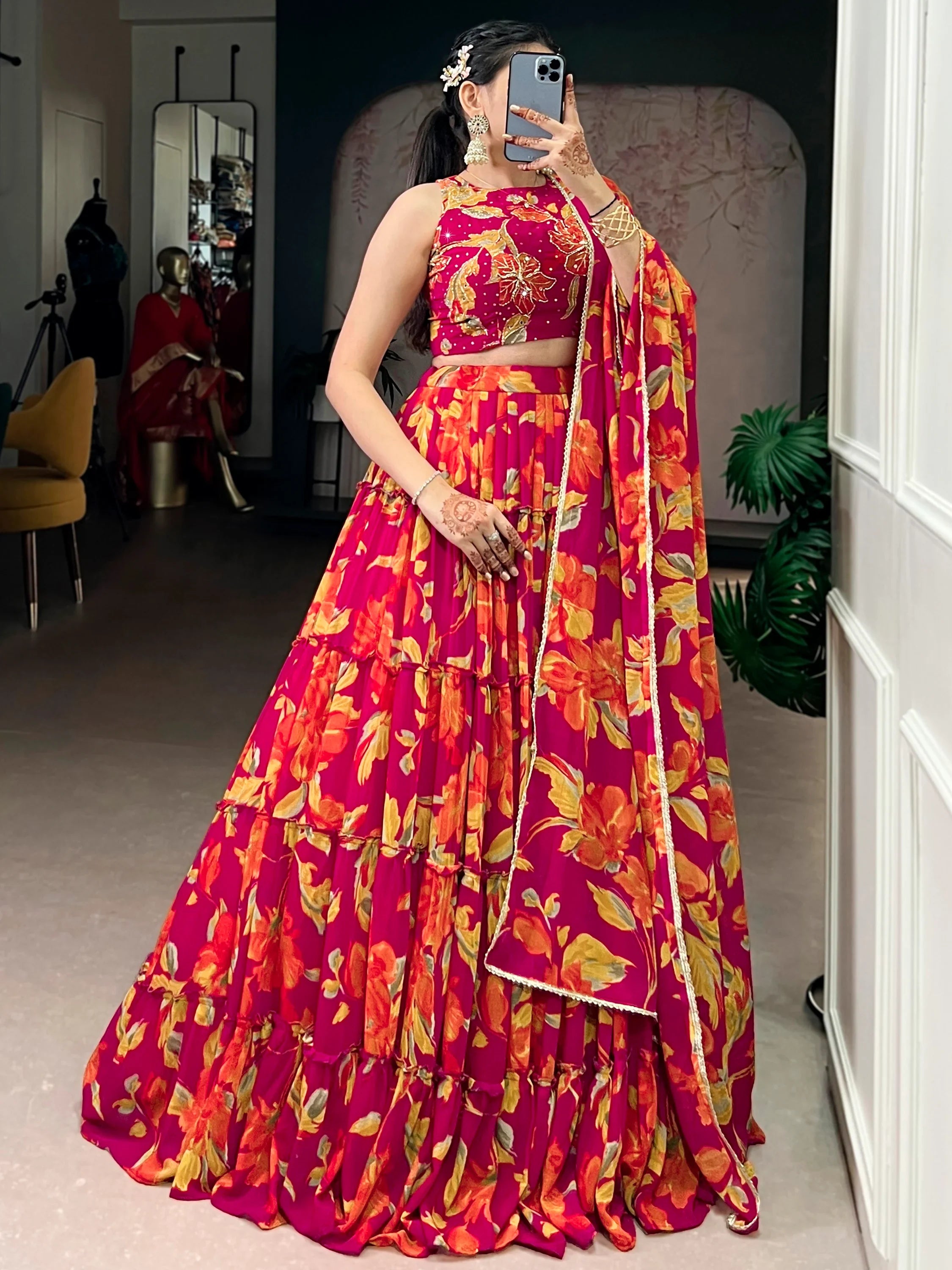 Beautiful Pink Floral Printed Georgette Bridesmaid Lehenga Choli