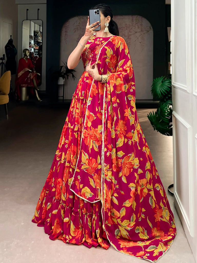 Beautiful Pink Floral Printed Georgette Bridesmaid Lehenga Choli
