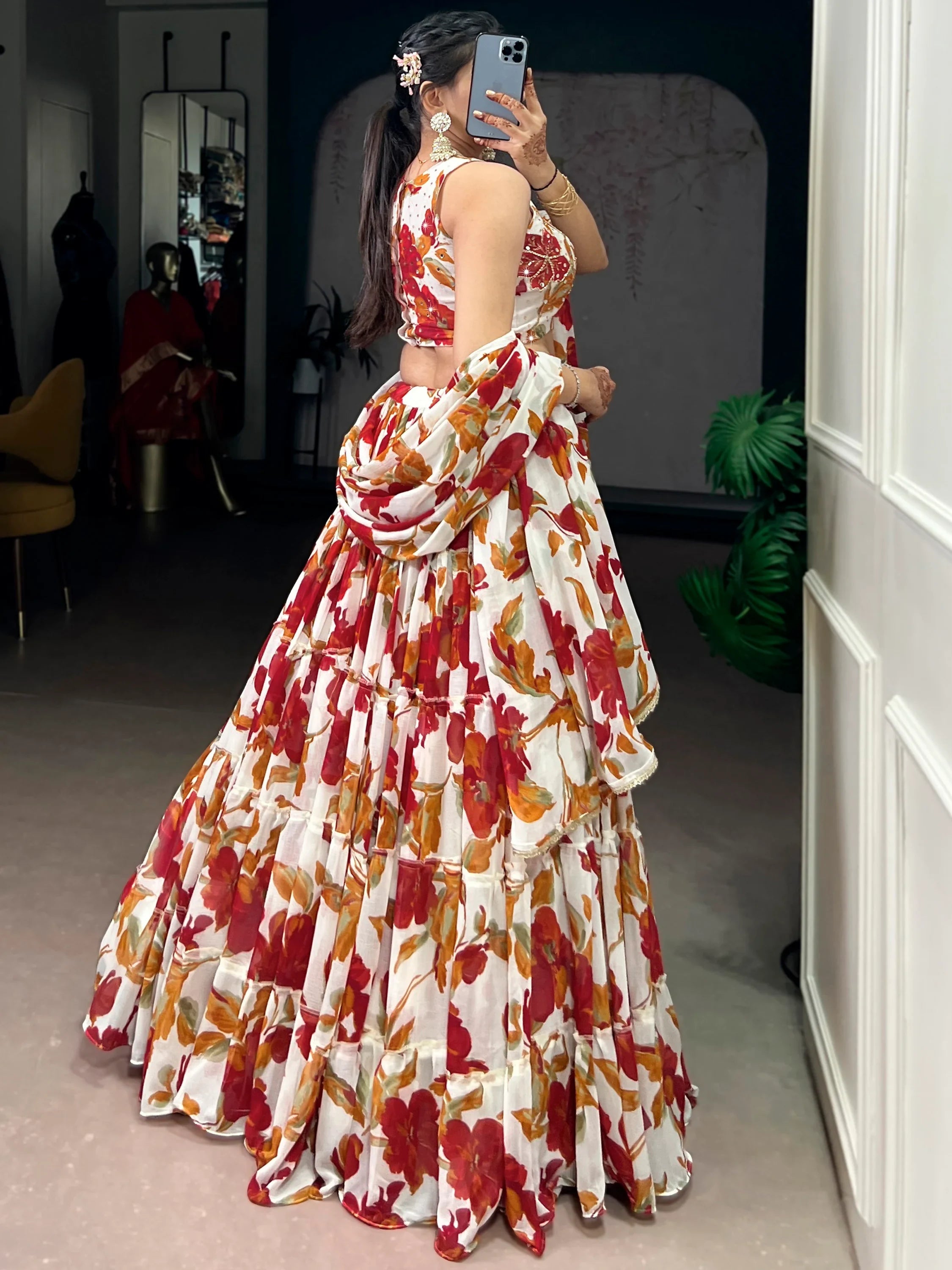 Classic Off-White Floral Printed Georgette Function Wear Lehenga Choli