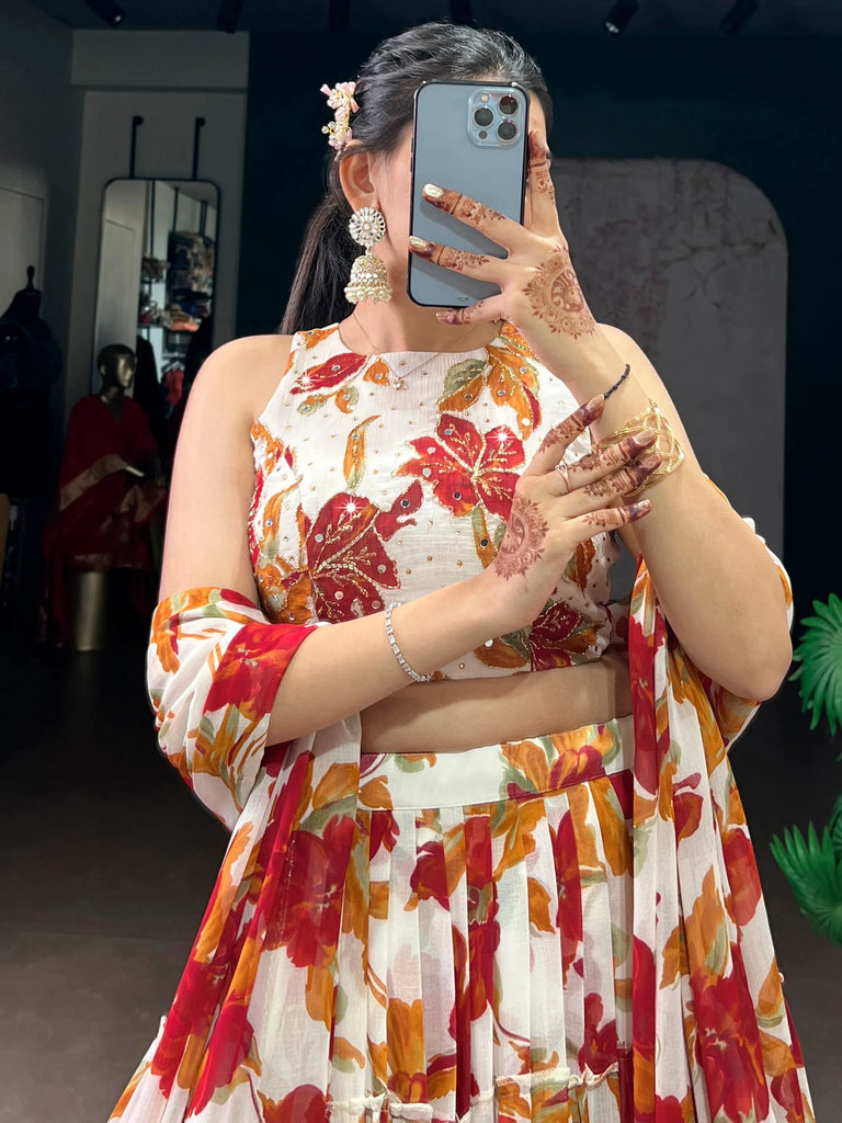 Classic Off-White Floral Printed Georgette Function Wear Lehenga Choli