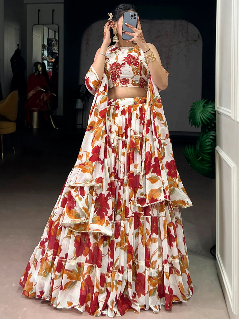 Classic Off-White Floral Printed Georgette Function Wear Lehenga Choli