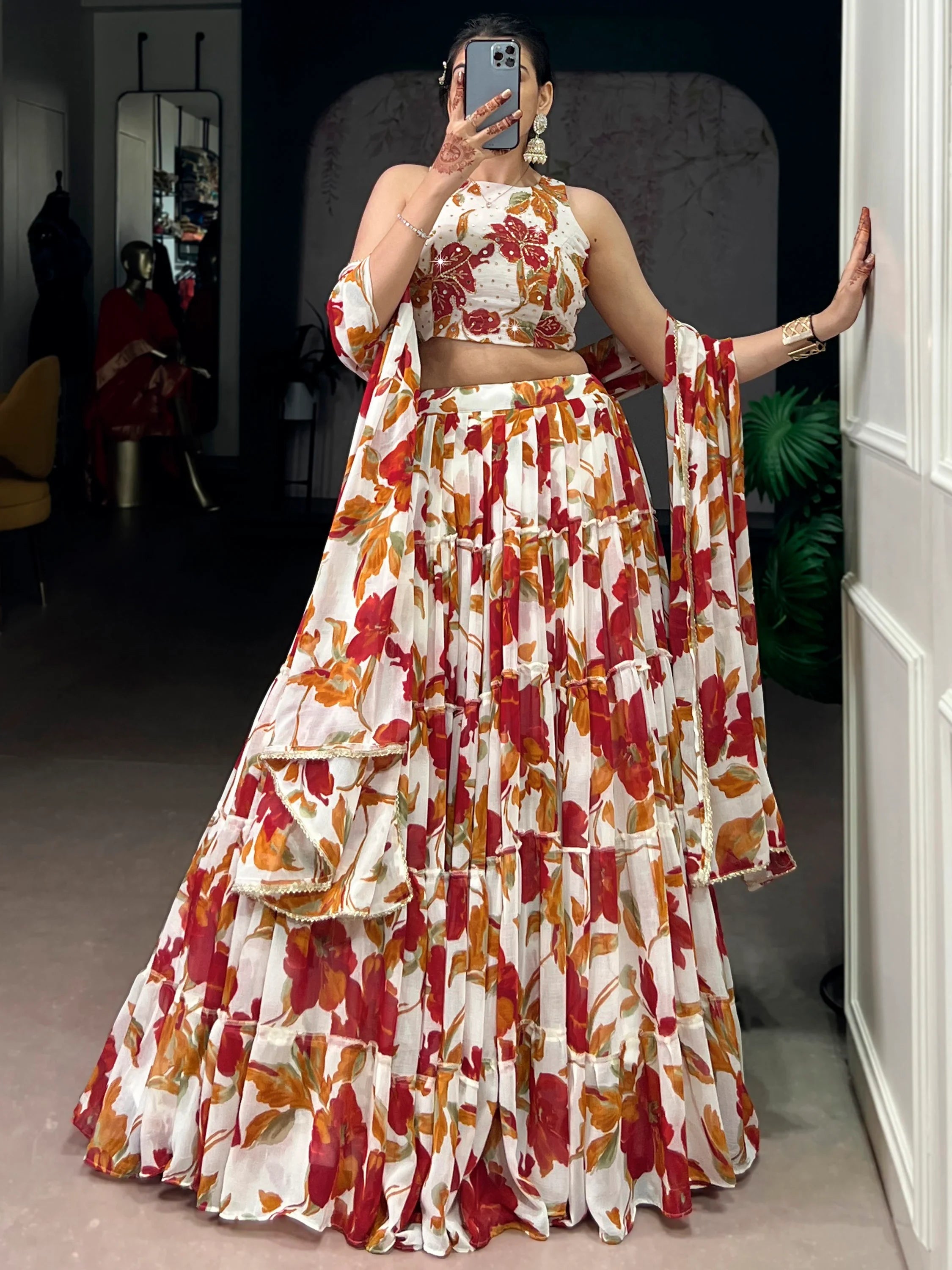 Classic Off-White Floral Printed Georgette Function Wear Lehenga Choli