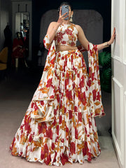 Classic Off-White Floral Printed Georgette Function Wear Lehenga Choli