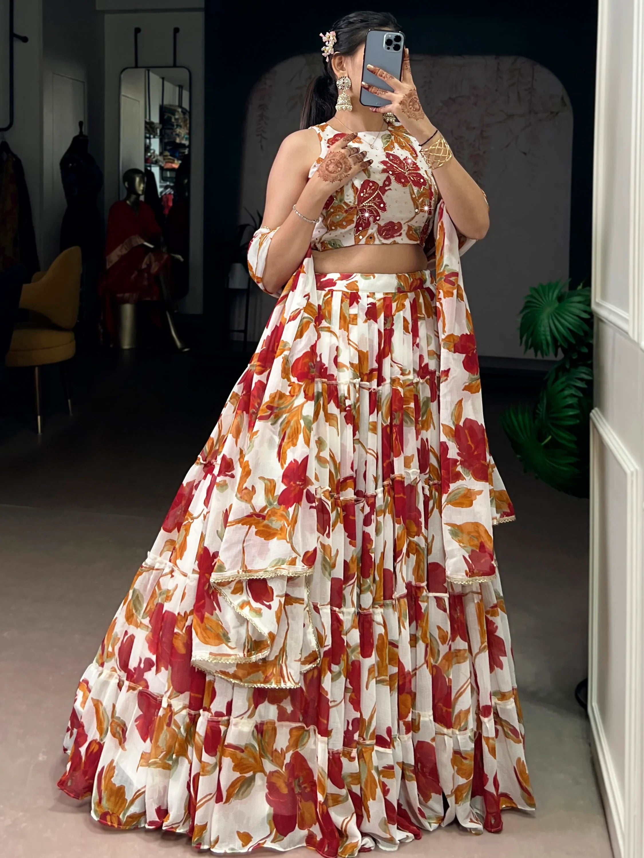 Classic Off-White Floral Printed Georgette Function Wear Lehenga Choli