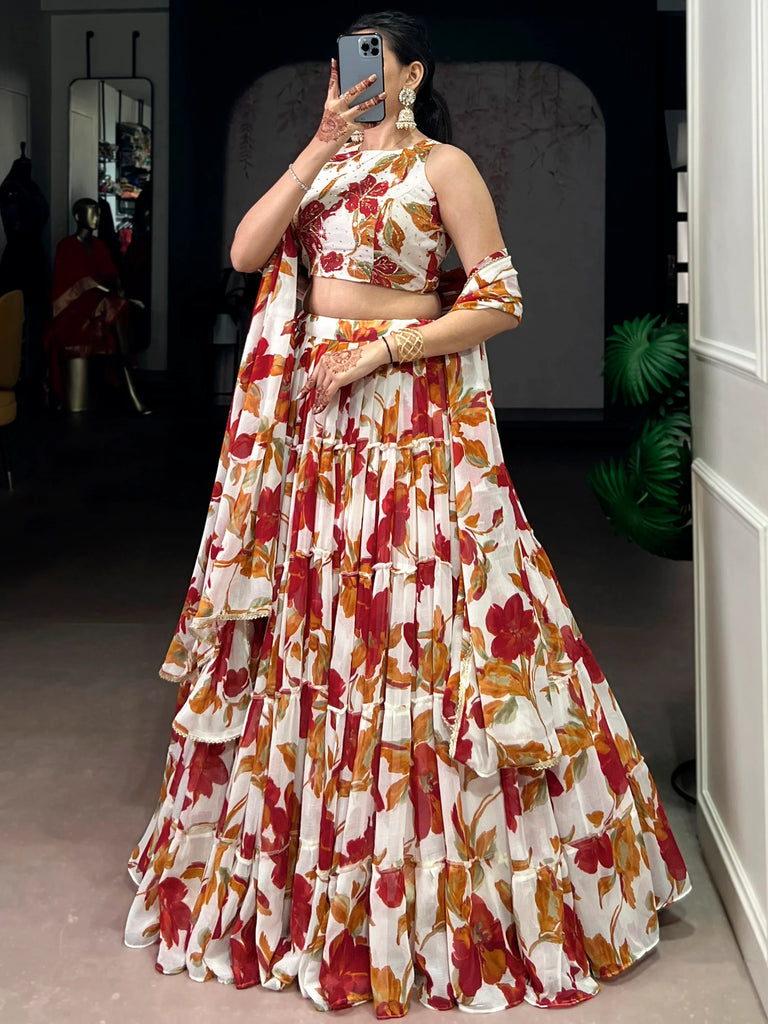 Classic Off-White Floral Printed Georgette Function Wear Lehenga Choli