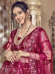 Captivating Maroon Thread Embroidery Soft Net Party Wear Lehenga Choli