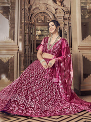 Captivating Maroon Thread Embroidery Soft Net Party Wear Lehenga Choli
