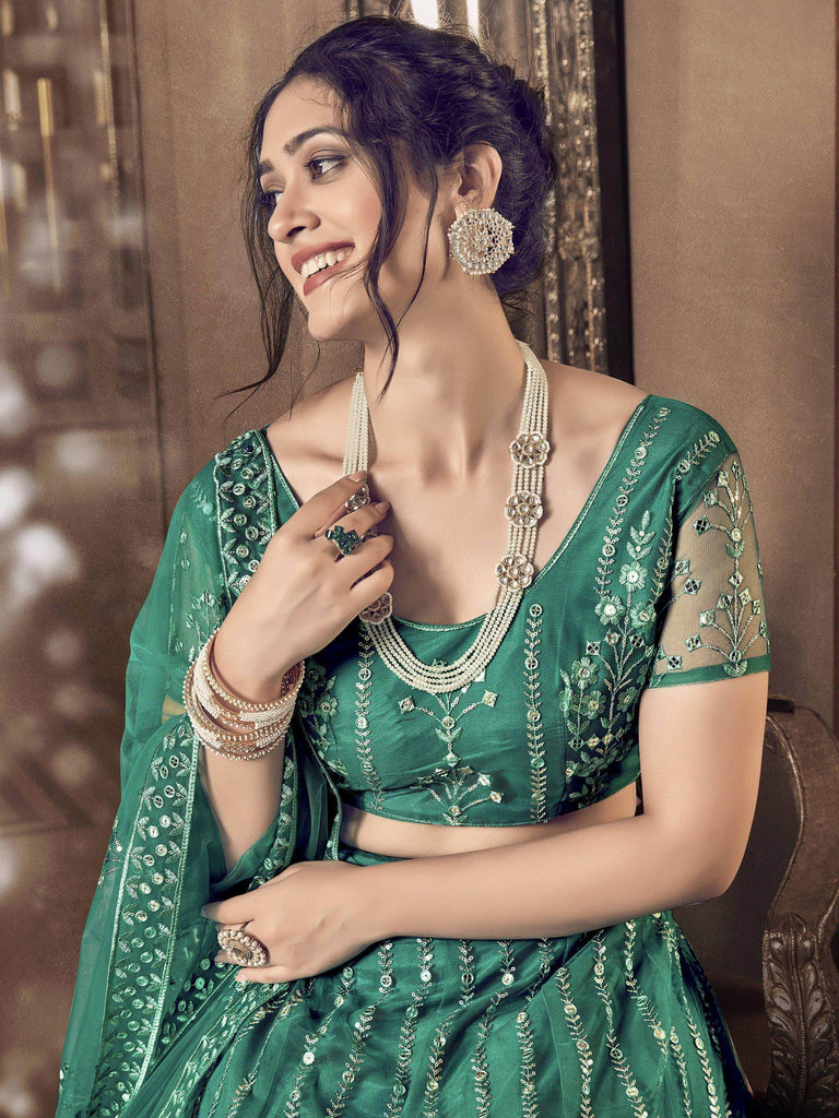 Attractive Light Rama Thread Embroidery Soft Net Party Wear Lehenga Choli