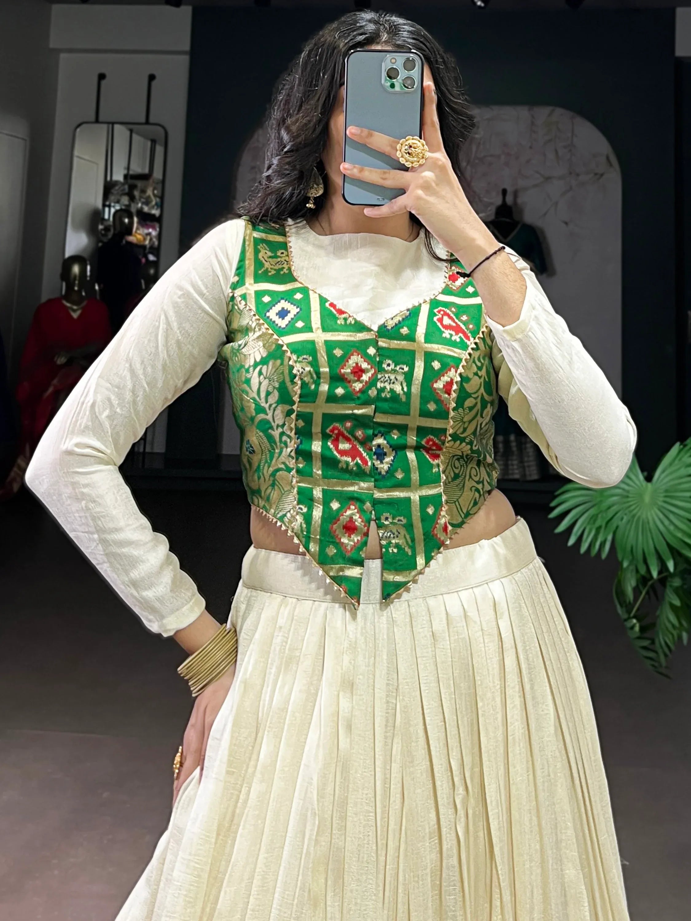 Regal Off-White Lace Work Silk Festive Wear Crop Top Lehenga With Koti