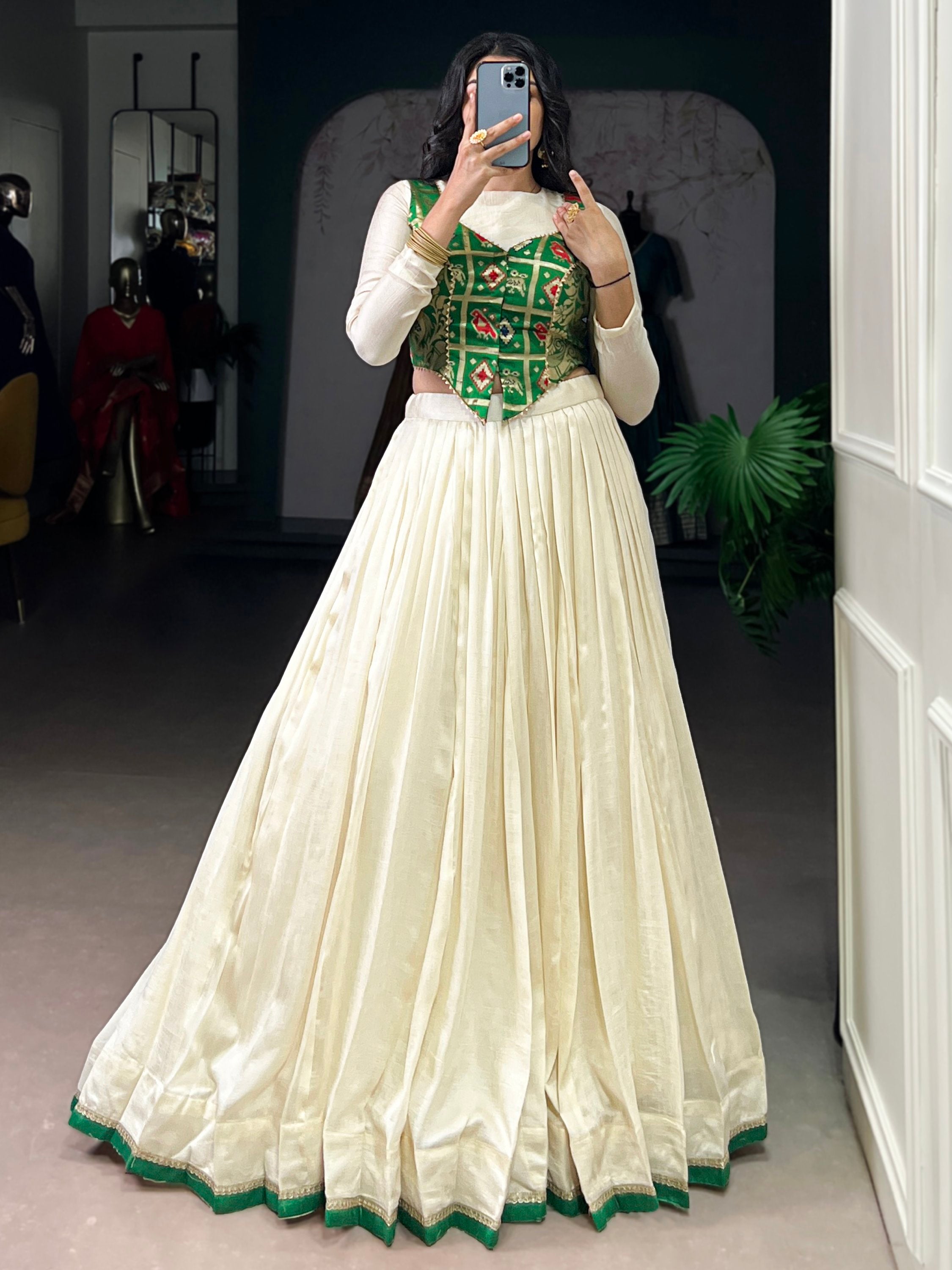 Regal Off-White Lace Work Silk Festive Wear Crop Top Lehenga With Koti