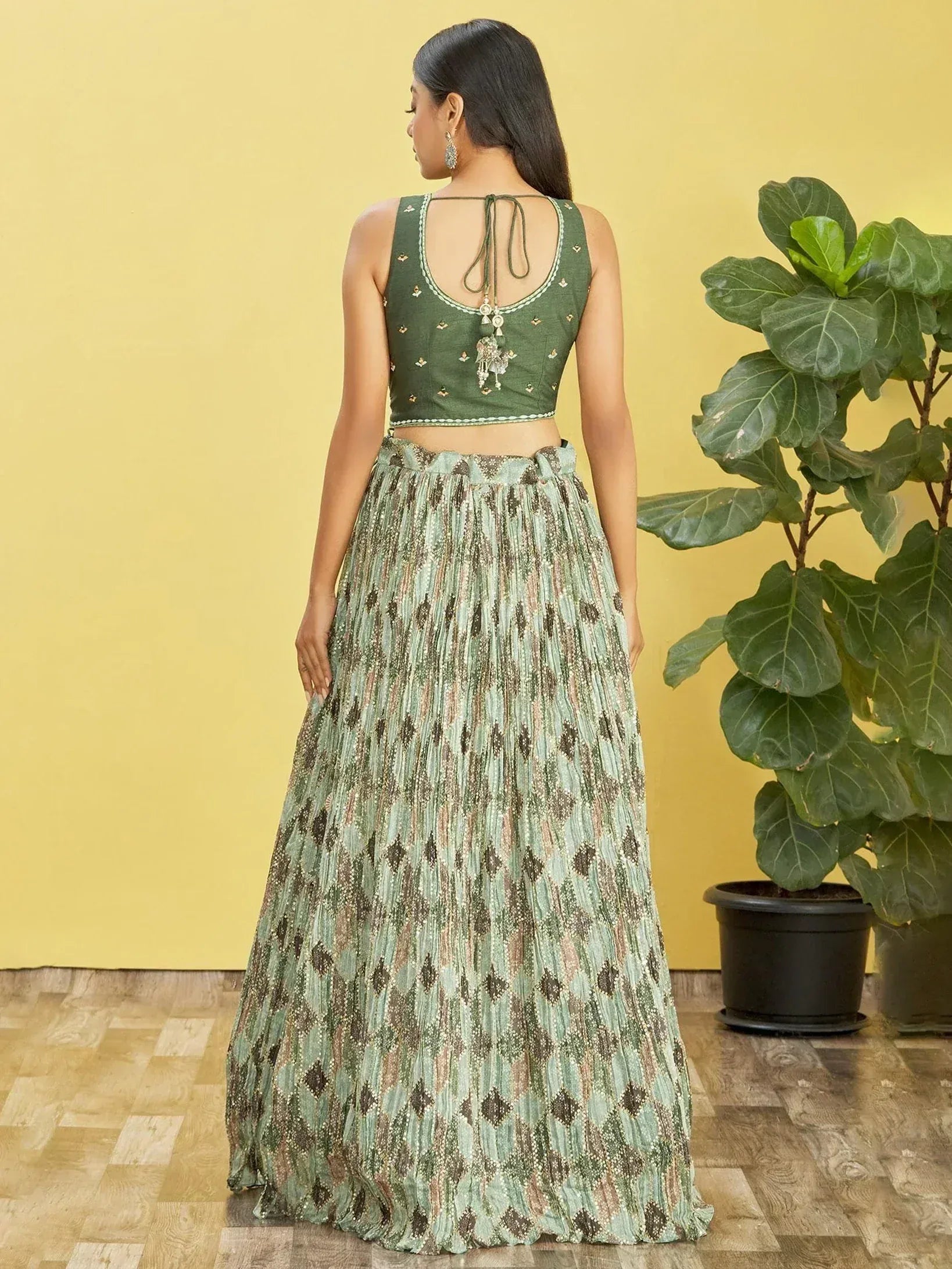 Green printed lehenga choli with back tie blouse, ethnic wear for women