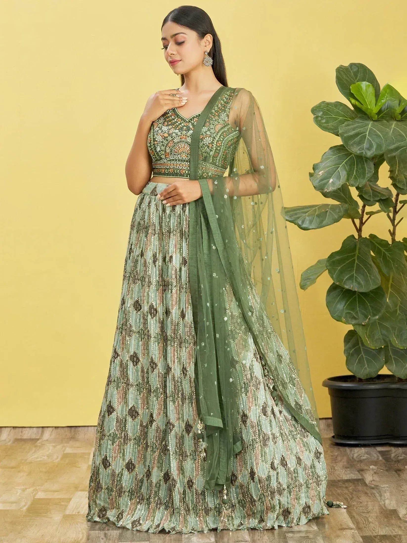 Green embroidered lehenga choli with sheer dupatta, Indian ethnic wear for women