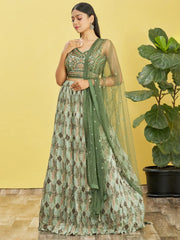 Attractive Green Embroidered Chinon Mehendi Wear Lehenga Choli