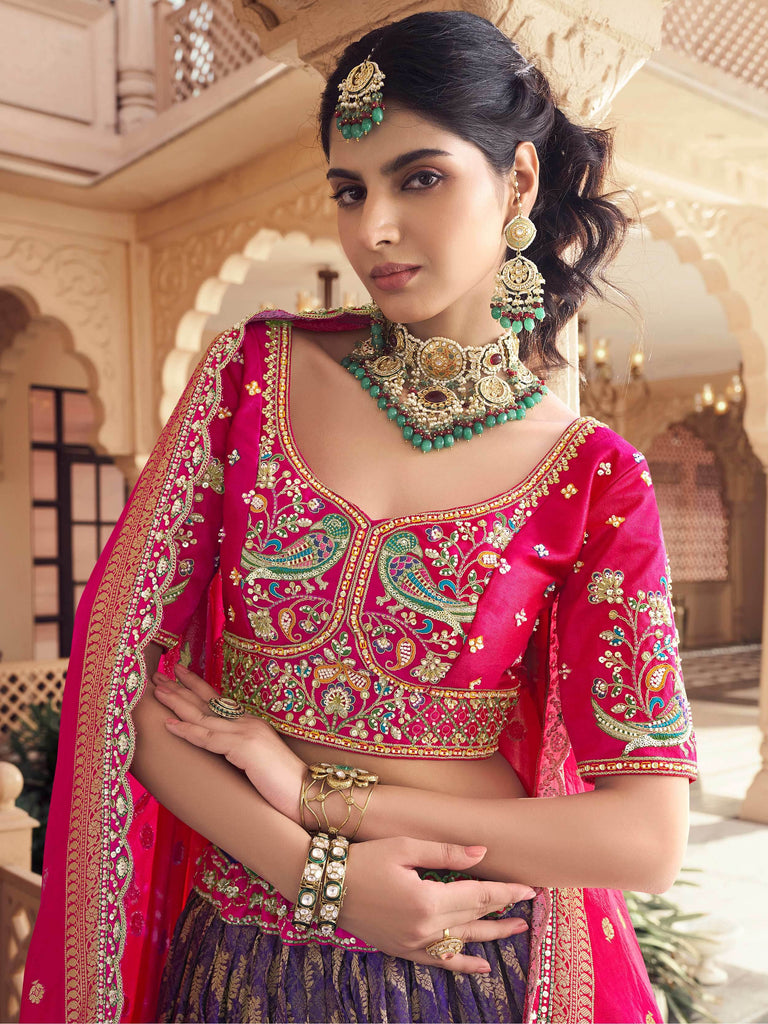 Fabulous Purple Zari Weaving Tissue Wedding Wear Lehenga Choli