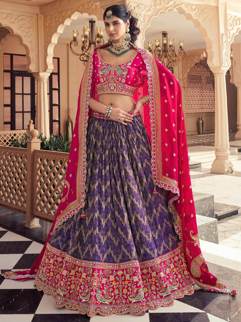 Fabulous Purple Zari Weaving Tissue Wedding Wear Lehenga Choli