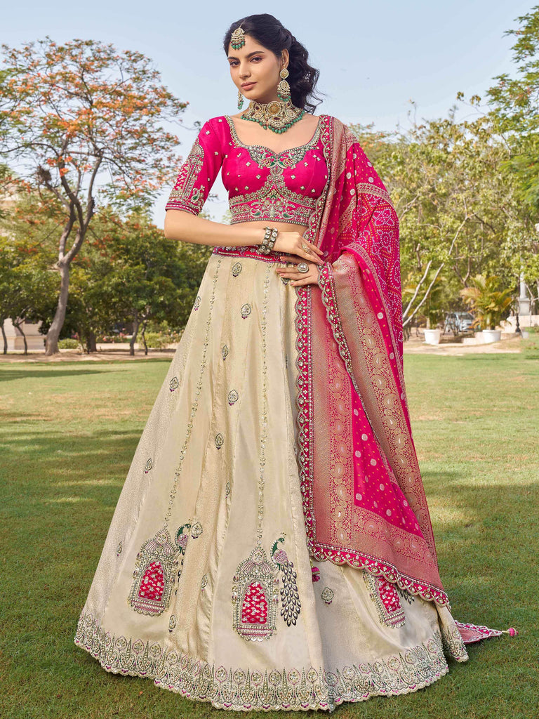 Outstanding Off-White Beads Work Tissue Bridesmaid Lehenga Choli 