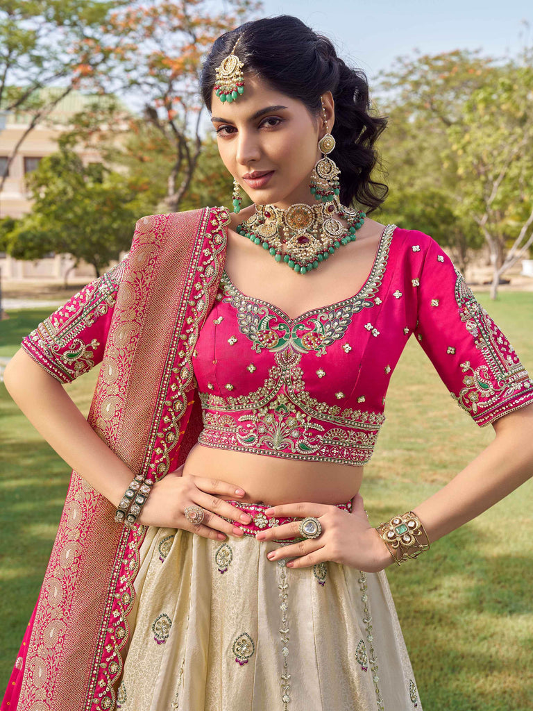 Outstanding Off-White Beads Work Tissue Bridesmaid Lehenga Choli 