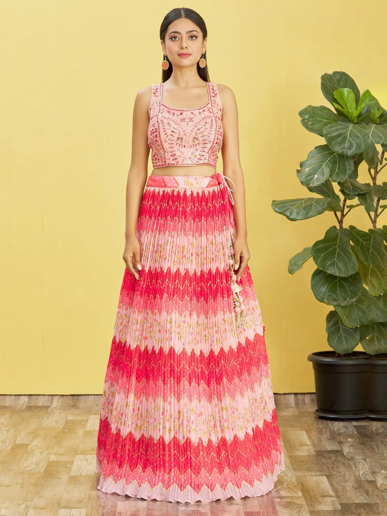 Pretty Pink Embroidered Chinon Festival Wear Lehenga Choli
