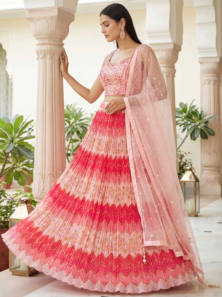 Glamorous Pink Embroidered Chinon Wedding Wear Lehenga Choli