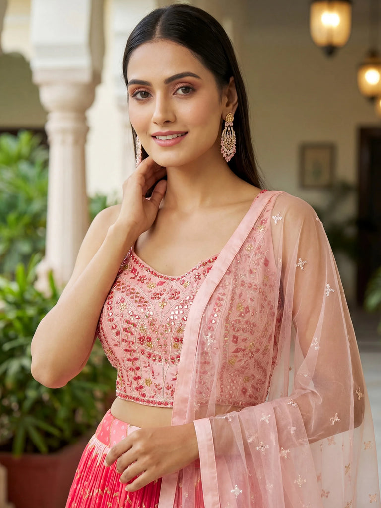 Glamorous Pink Embroidered Chinon Wedding Wear Lehenga Choli