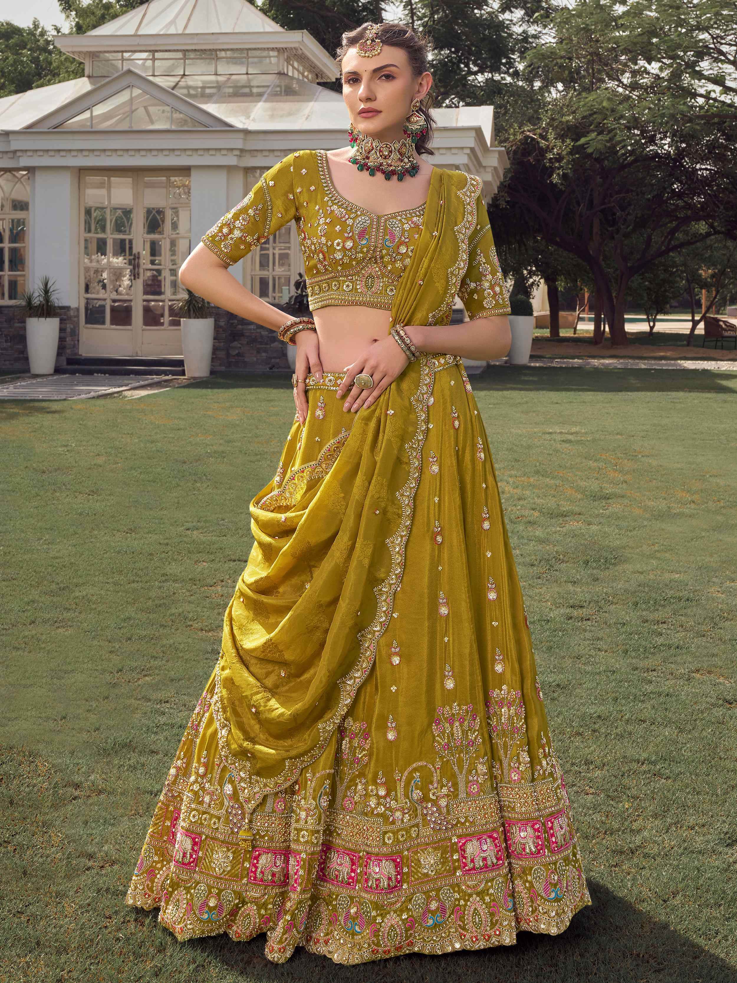 Adorable Green Beads work Tissue Bridesmaid Lehenga Choli