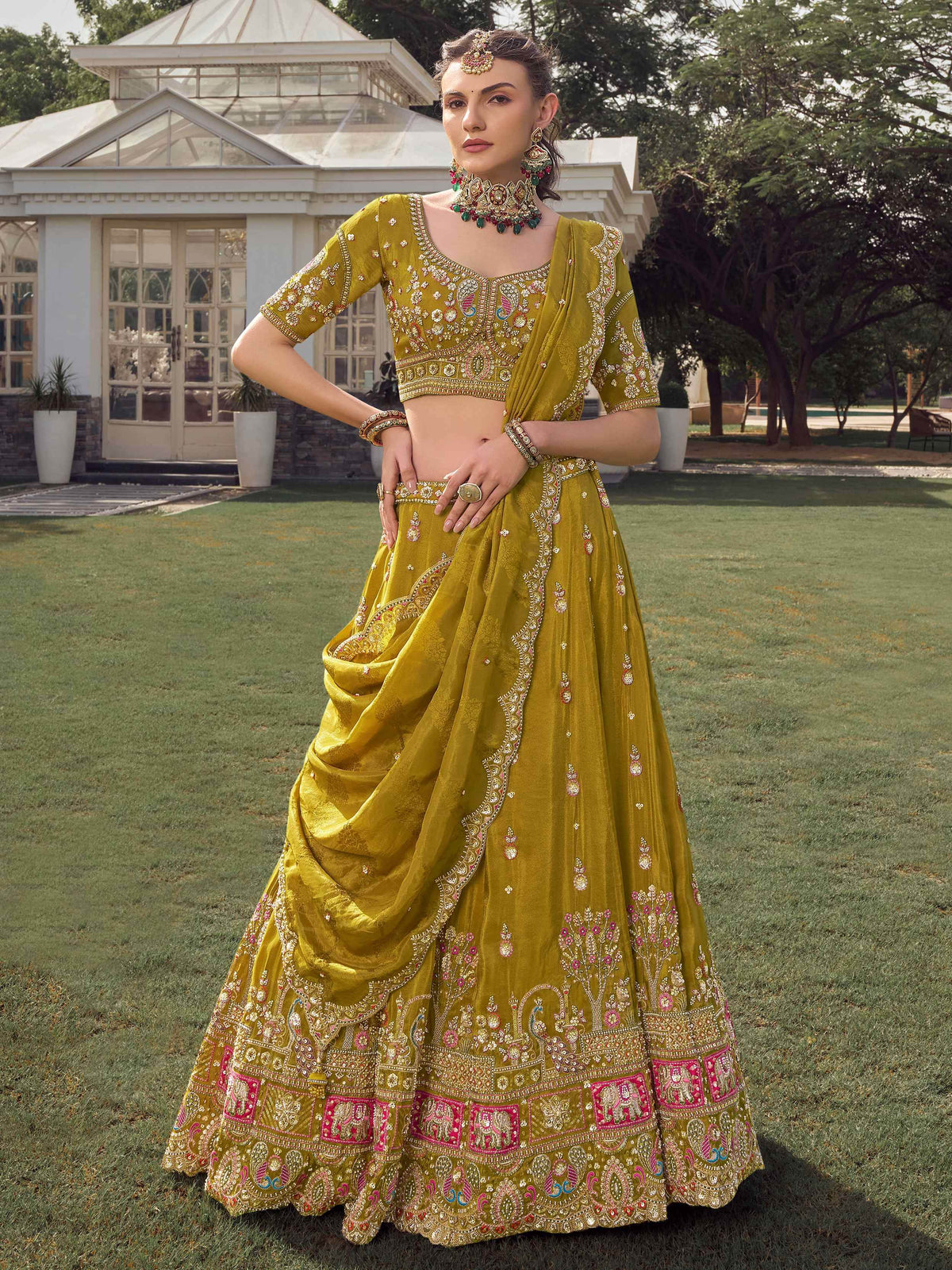 Adorable Green Beads work Tissue Bridesmaid Lehenga Choli
