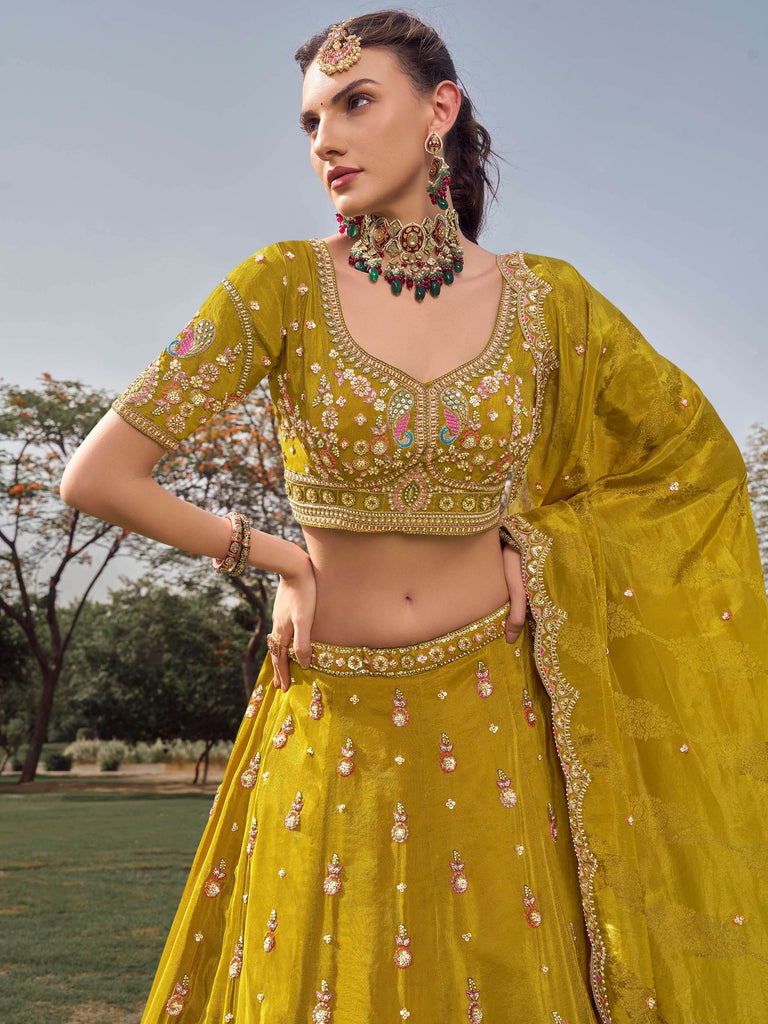 Adorable Green Beads work Tissue Bridesmaid Lehenga Choli