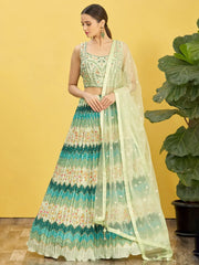 Styling Green Mirror Work Chinon Reception Wear Lehenga Choli