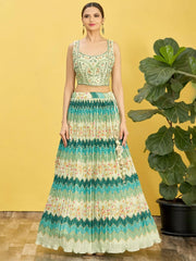 Styling Green Mirror Work Chinon Reception Wear Lehenga Choli