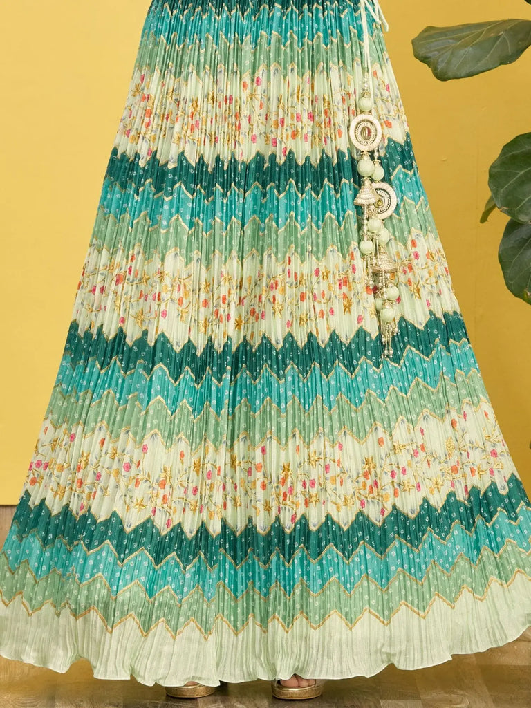 Styling Green Mirror Work Chinon Reception Wear Lehenga Choli