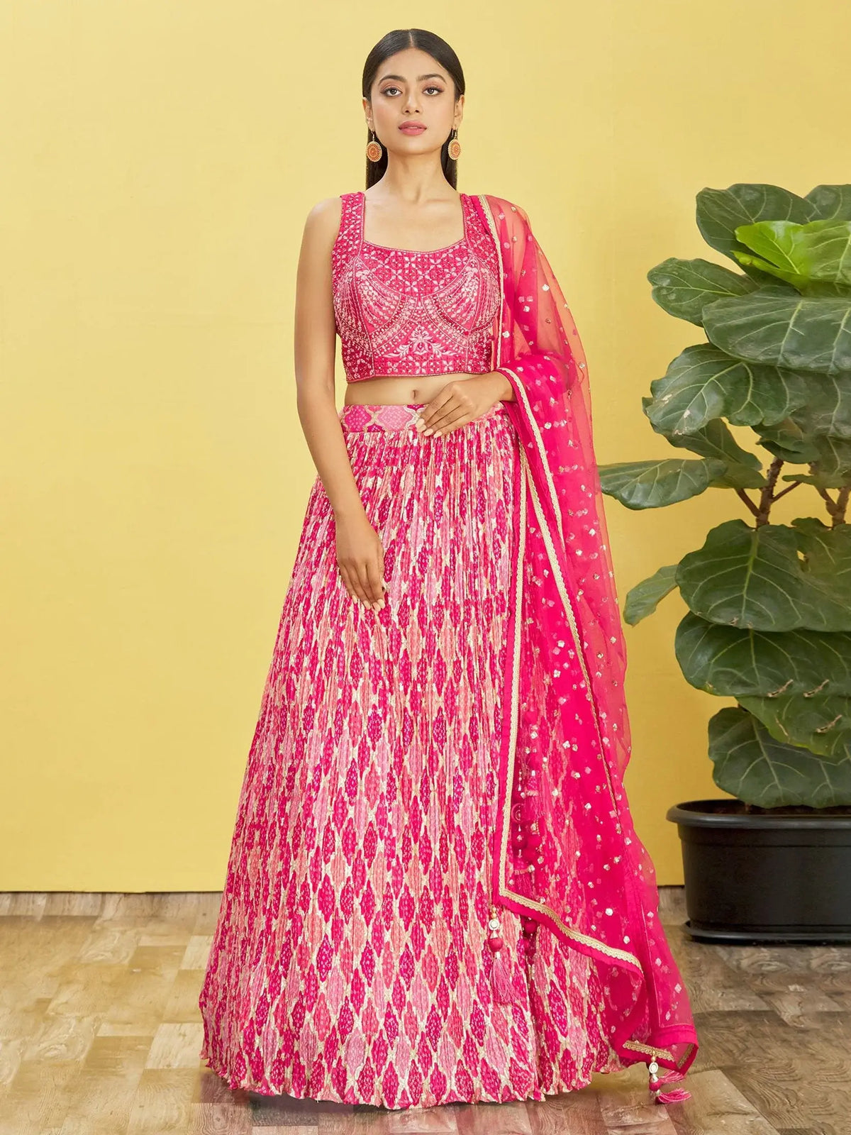 Beautiful Pink Mirror Work Chinon Reception Wear Lehenga Choli