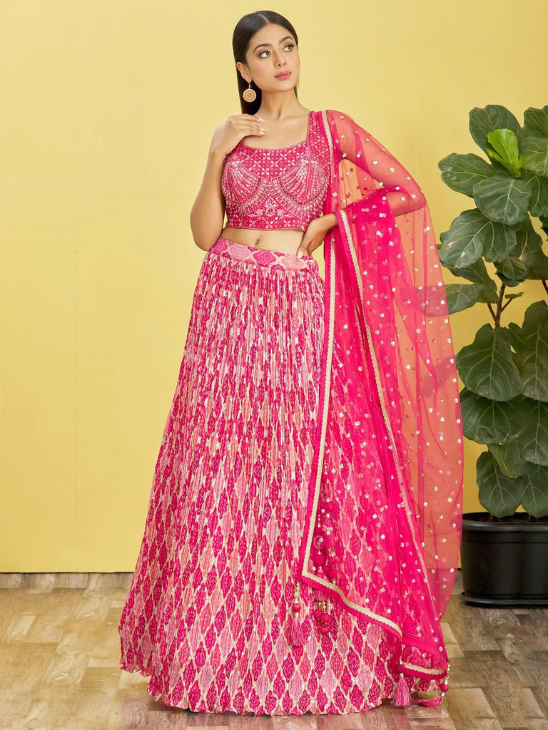 Beautiful Pink Mirror Work Chinon Reception Wear Lehenga Choli