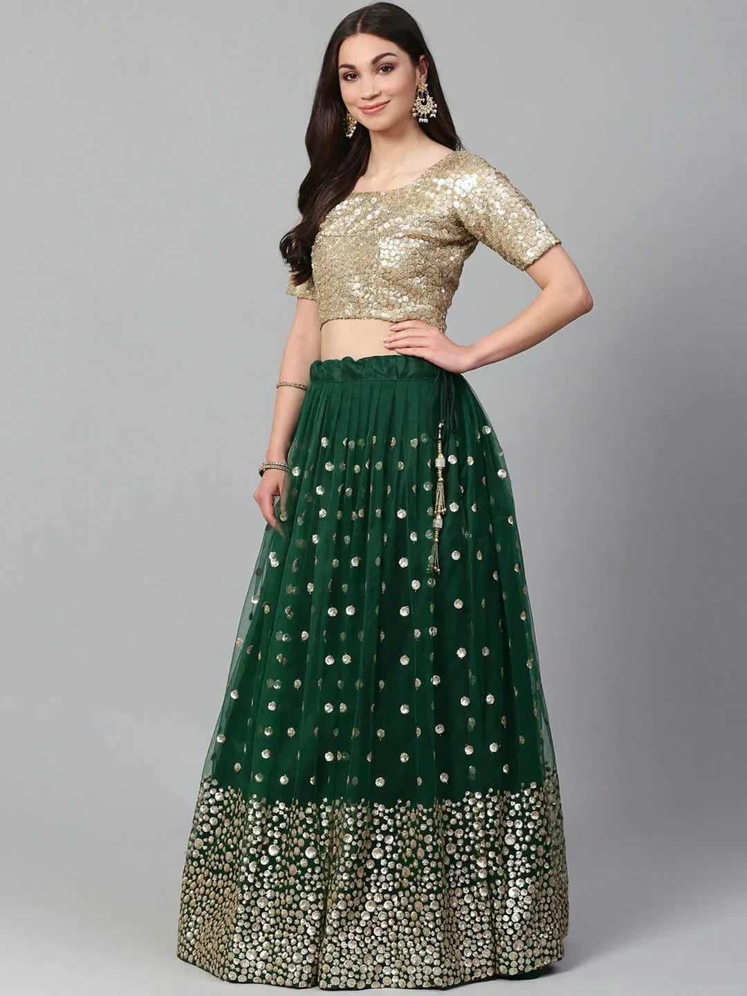 Green & Golden Semi-Stitched Myntra Festive Lehenga & Unstitched Blouse with Dupatta