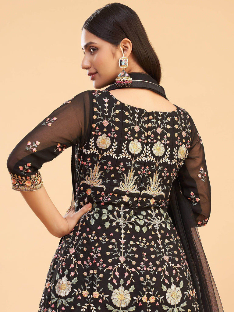 Lovely Black Multi-Thread Georgette Party Wear Anarkali Pant Suit