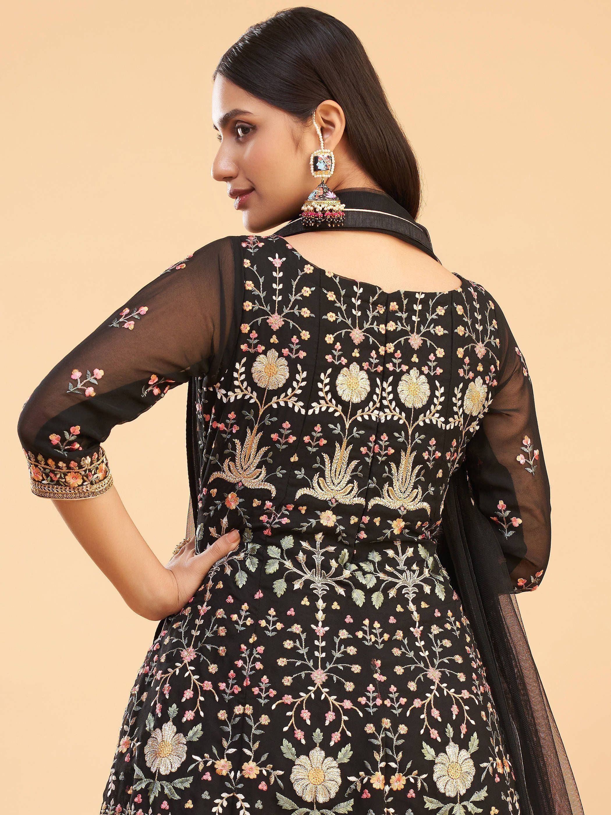 Black floral embroidered ethnic gown with sheer sleeves and back cutout design