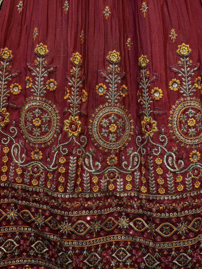 Attractive Maroon Thread Embroidered  Silk Wedding Wear Lehenga Choli