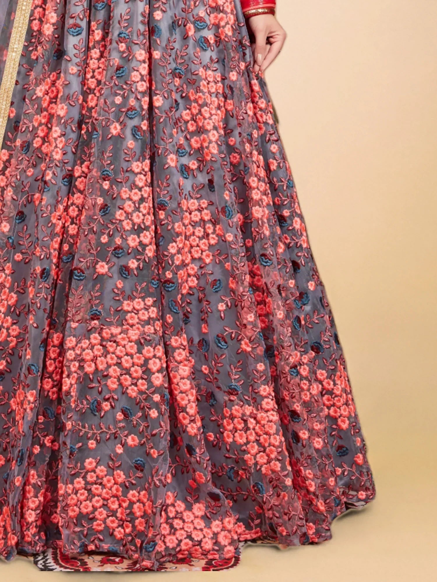 Grey Floral Embroidered Net Bridal Lehenga Choli