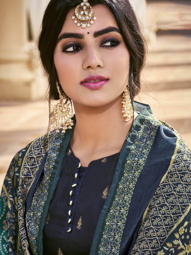 Glamorous Navy Blue Bandhani Printed Silk Festival Wear Sharara Suit