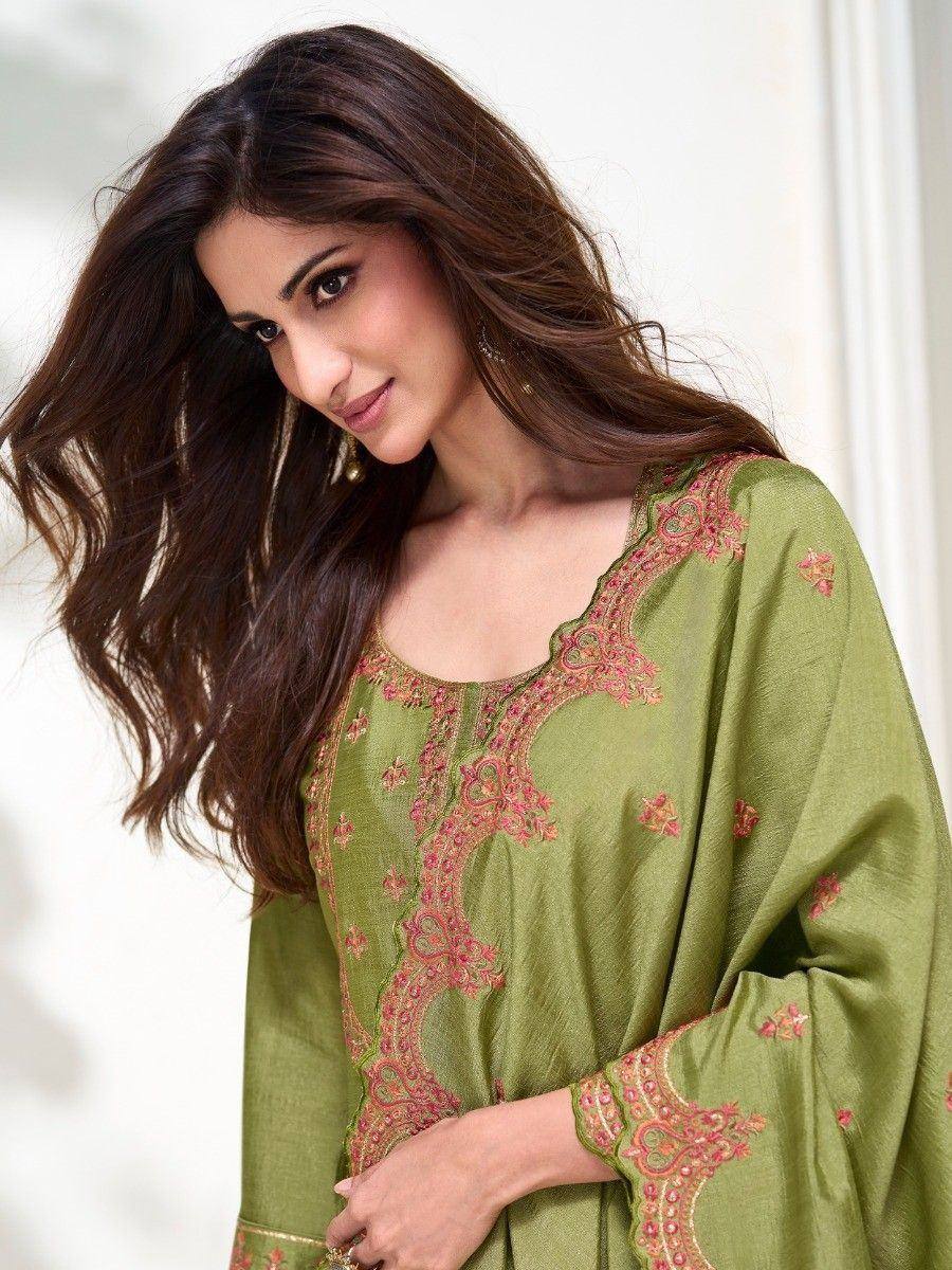 Olive green embroidered ethnic kurti with pink floral detailing, perfect for Indian wear