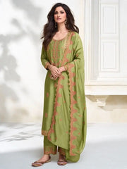 Captivating Green Embroidered Silk Traditional Pant Suit With Dupatta