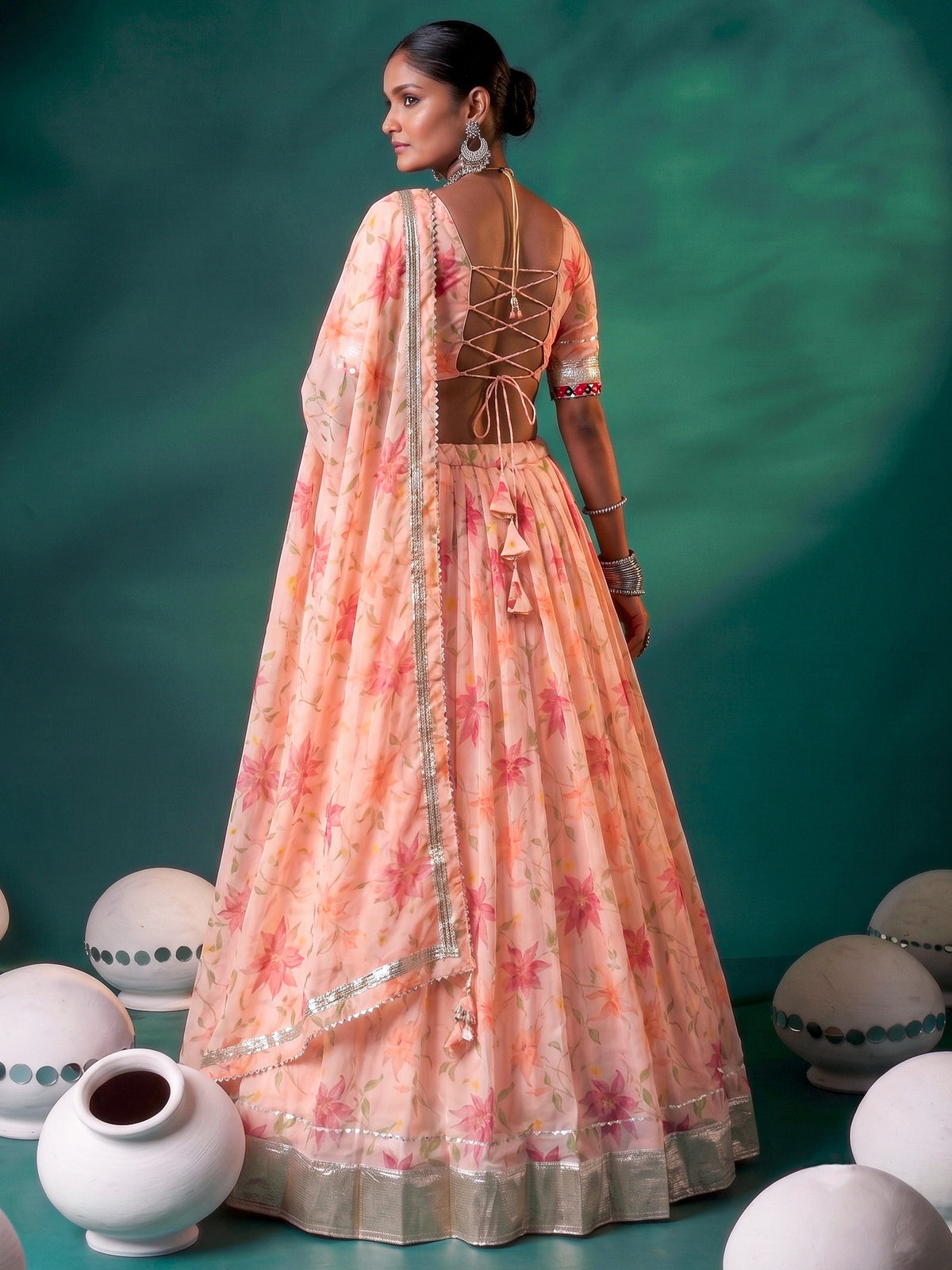 Fantabulous Peach Floral Printed Silk Event Wear Lehenga Choli