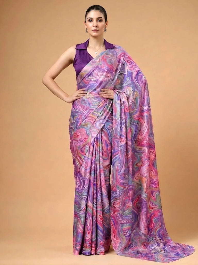Charming Lavender Digital Printed Satin Festive Wear Saree With Blouse