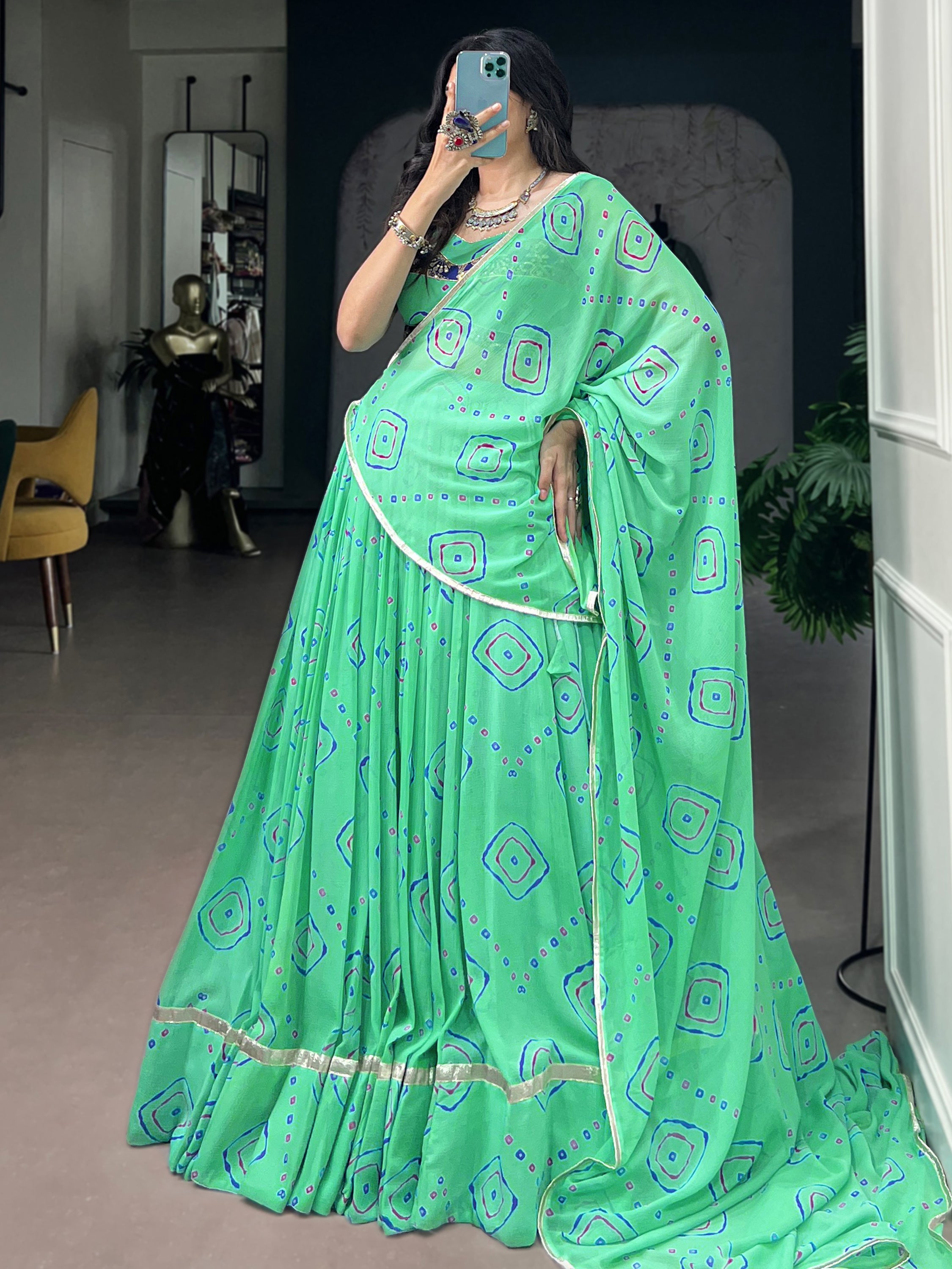 Classic Aqua Green Bandhej Printed Georgette Navratri Wear Lehenga Choli