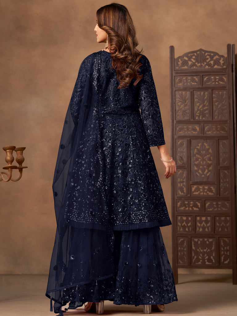 Beautiful Navy Blue Embroidered Net Wedding Wear Sharara Suit