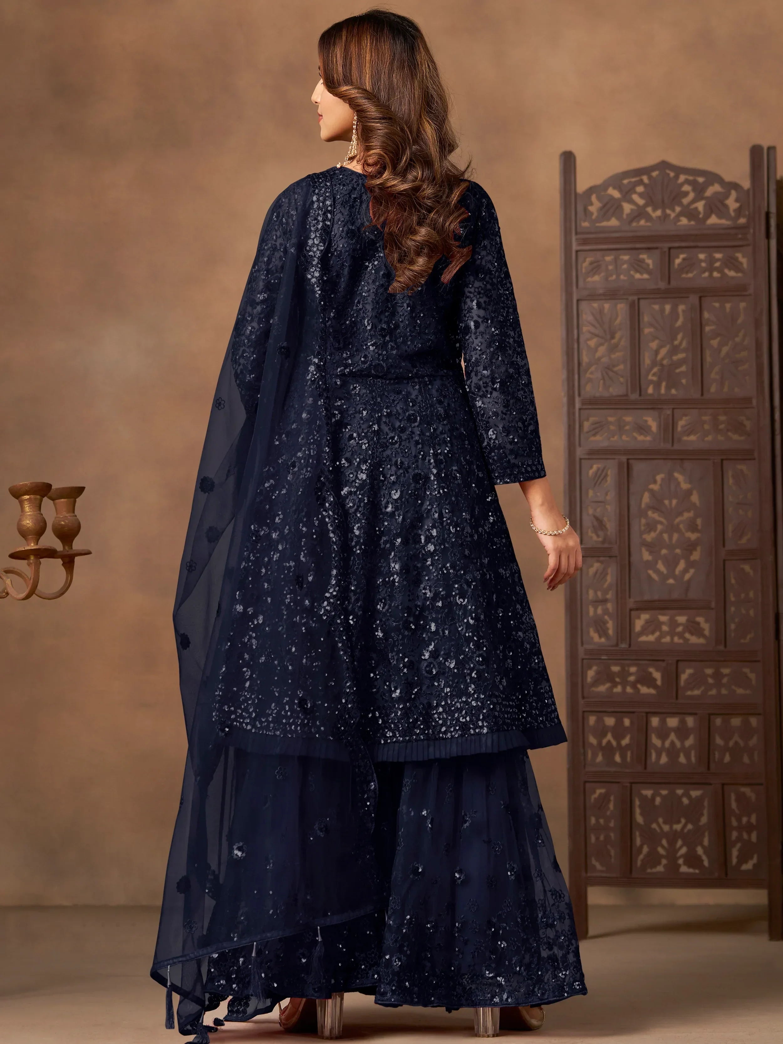 Beautiful Navy Blue Embroidered Net Wedding Wear Sharara Suit