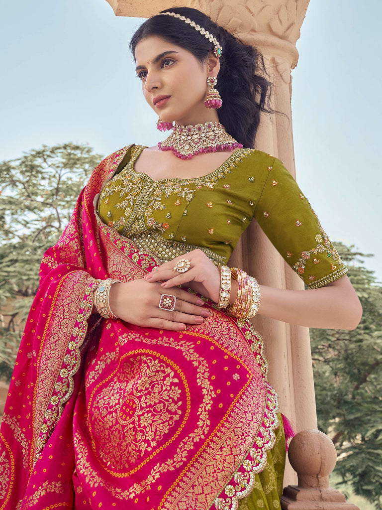 Pretty Green Embroidered Tissue Wedding Wear Lehenga Choli