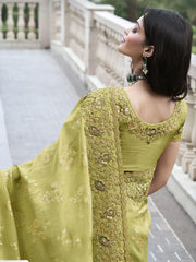Lovely Olive Green Heavy Embroidery Organza Silk Function Wear Saree