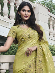Lovely Olive Green Heavy Embroidery Organza Silk Function Wear Saree